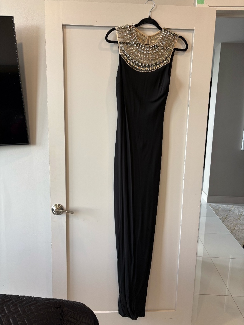 Bebe Black Maxi Dress with Crystal Embellished Neckline Size Small